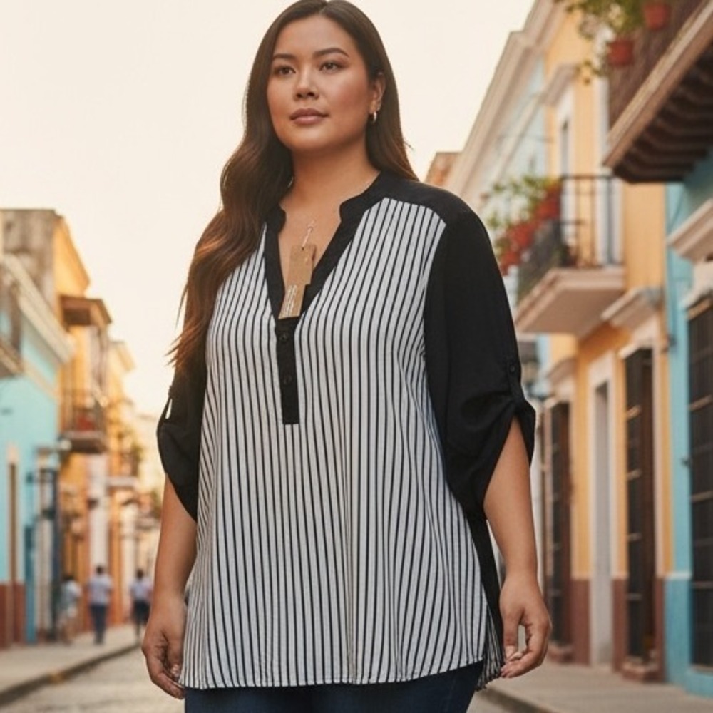 BLOOMCHIC Black White Stripe Tunic Top Women Plus Size US 18-20 Roll Tab Sleeve